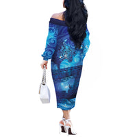 Kuri New Zealand Matariki Off The Shoulder Long Sleeve Dress Aotearoa Dog Waka Maori New Year Galaxy Vibes
