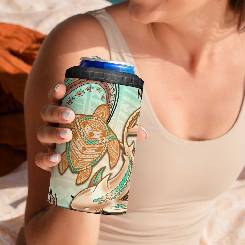 Hawaii 4 in 1 Can Cooler Tumbler Polynesian Shark and Sea Turtle Dreamy Turquoise Artsy
