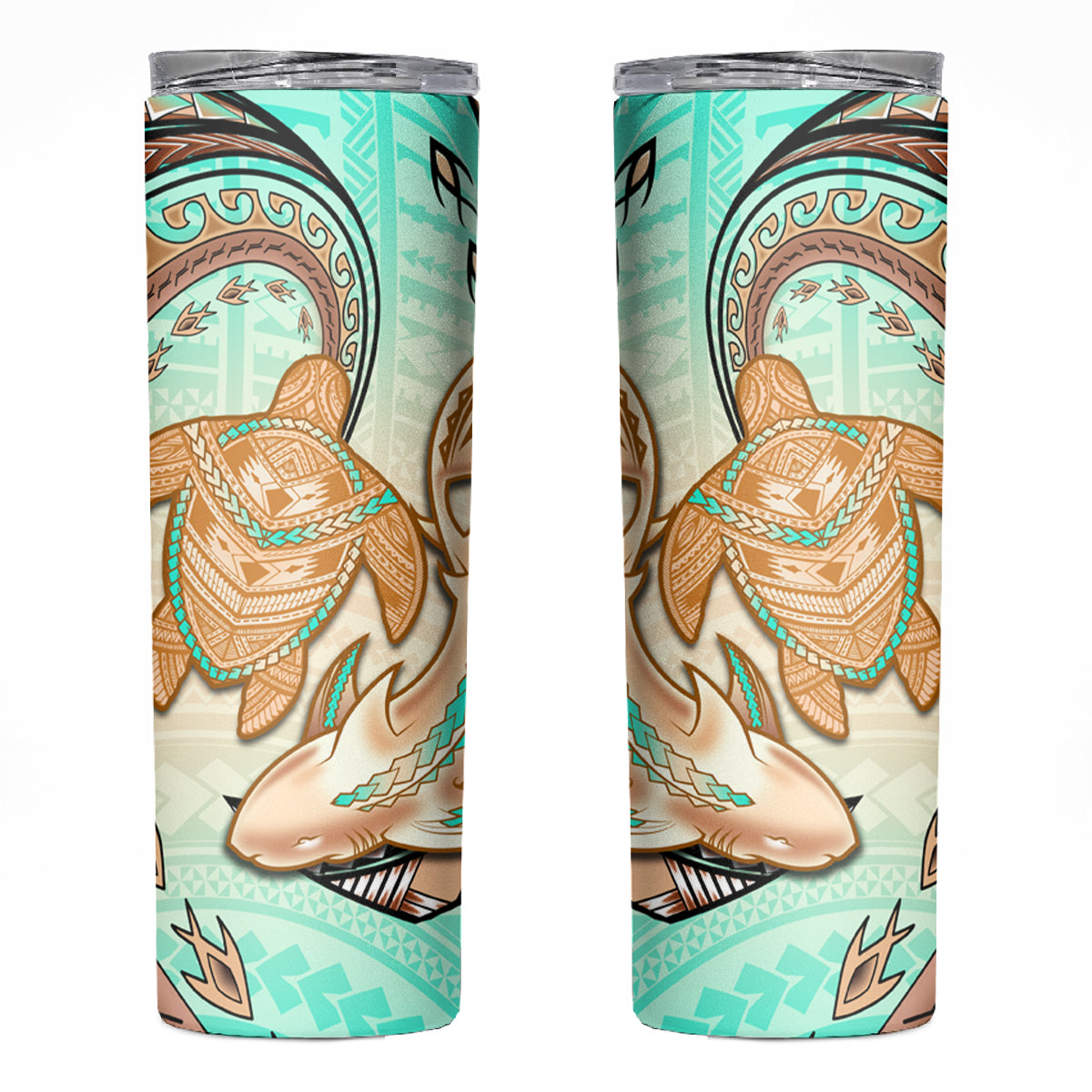 Hawaii Skinny Tumbler Polynesian Shark and Sea Turtle Dreamy Turquoise Artsy