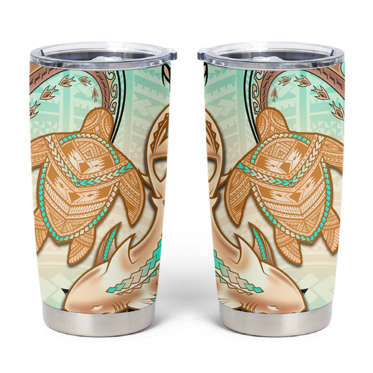 Hawaii Tumbler Cup Polynesian Shark and Sea Turtle Dreamy Turquoise Artsy