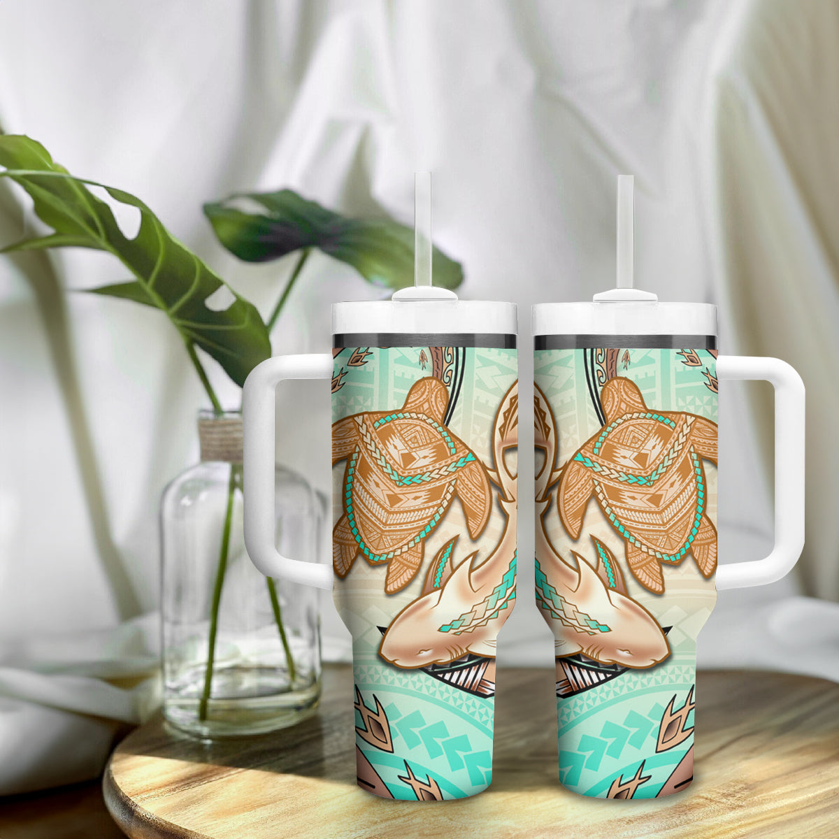 Hawaii Tumbler With Handle Polynesian Shark and Sea Turtle Dreamy Turquoise Artsy
