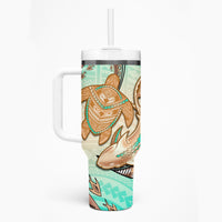 Hawaii Tumbler With Handle Polynesian Shark and Sea Turtle Dreamy Turquoise Artsy