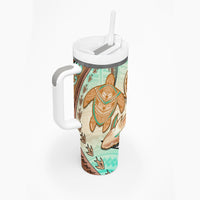 Hawaii Tumbler With Handle Polynesian Shark and Sea Turtle Dreamy Turquoise Artsy