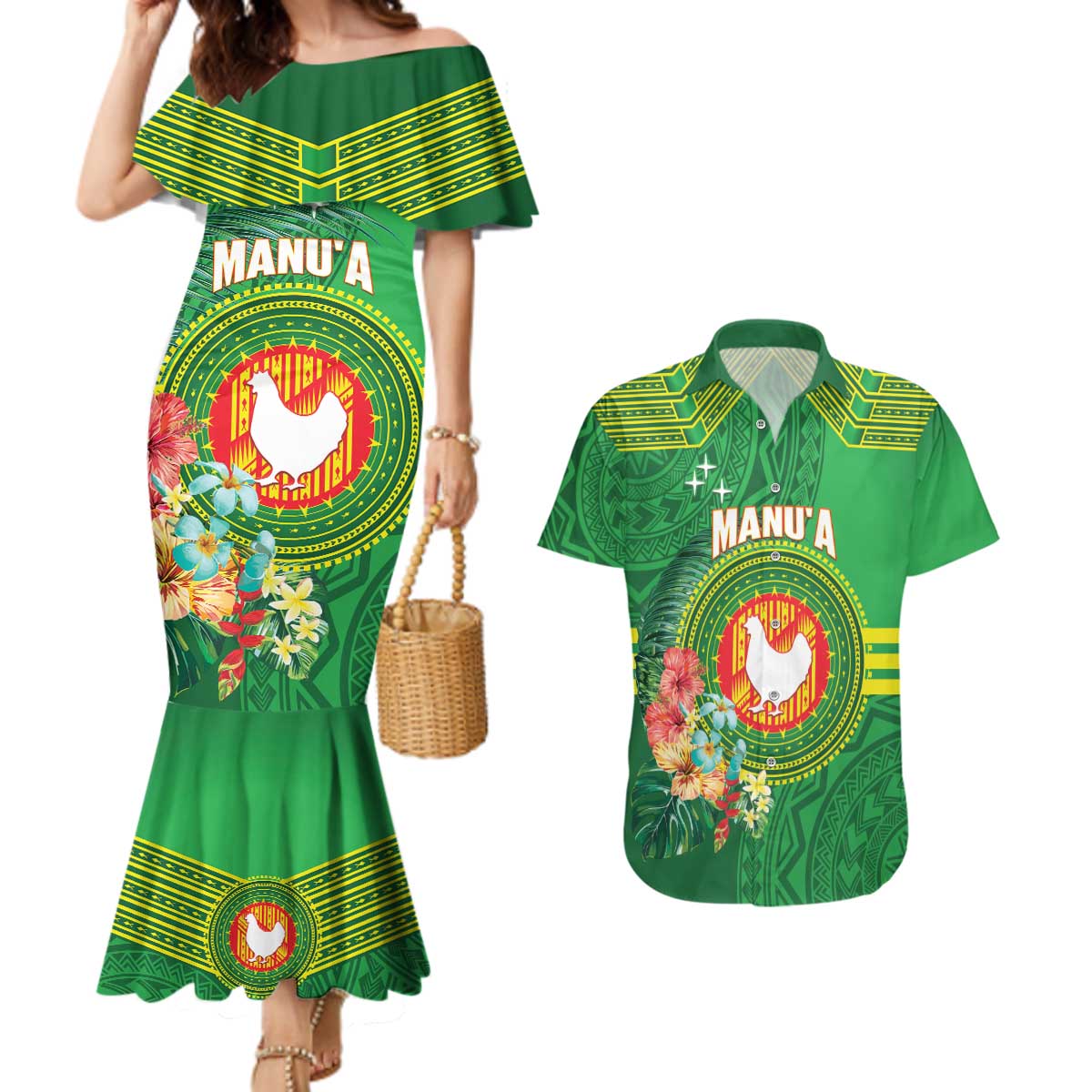 Personalized Manu'a Cession Day Couples Matching Mermaid Dress and Hawaiian Shirt Tropical Flowers With Polynesian Pattern