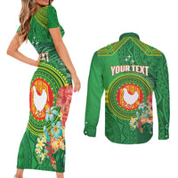Personalized Manu'a Cession Day Couples Matching Short Sleeve Bodycon Dress and Long Sleeve Button Shirt Tropical Flowers With Polynesian Pattern LT14 - Polynesian Pride