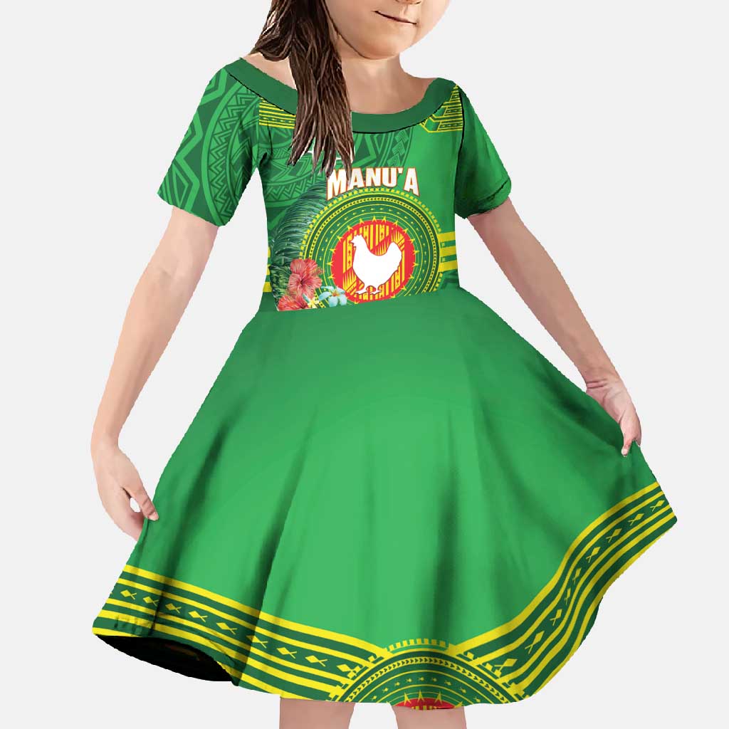 Personalized Manu'a Cession Day Family Matching Mermaid Dress and Hawaiian Shirt Tropical Flowers With Polynesian Pattern LT14 Daughter's Dress Green - Polynesian Pride