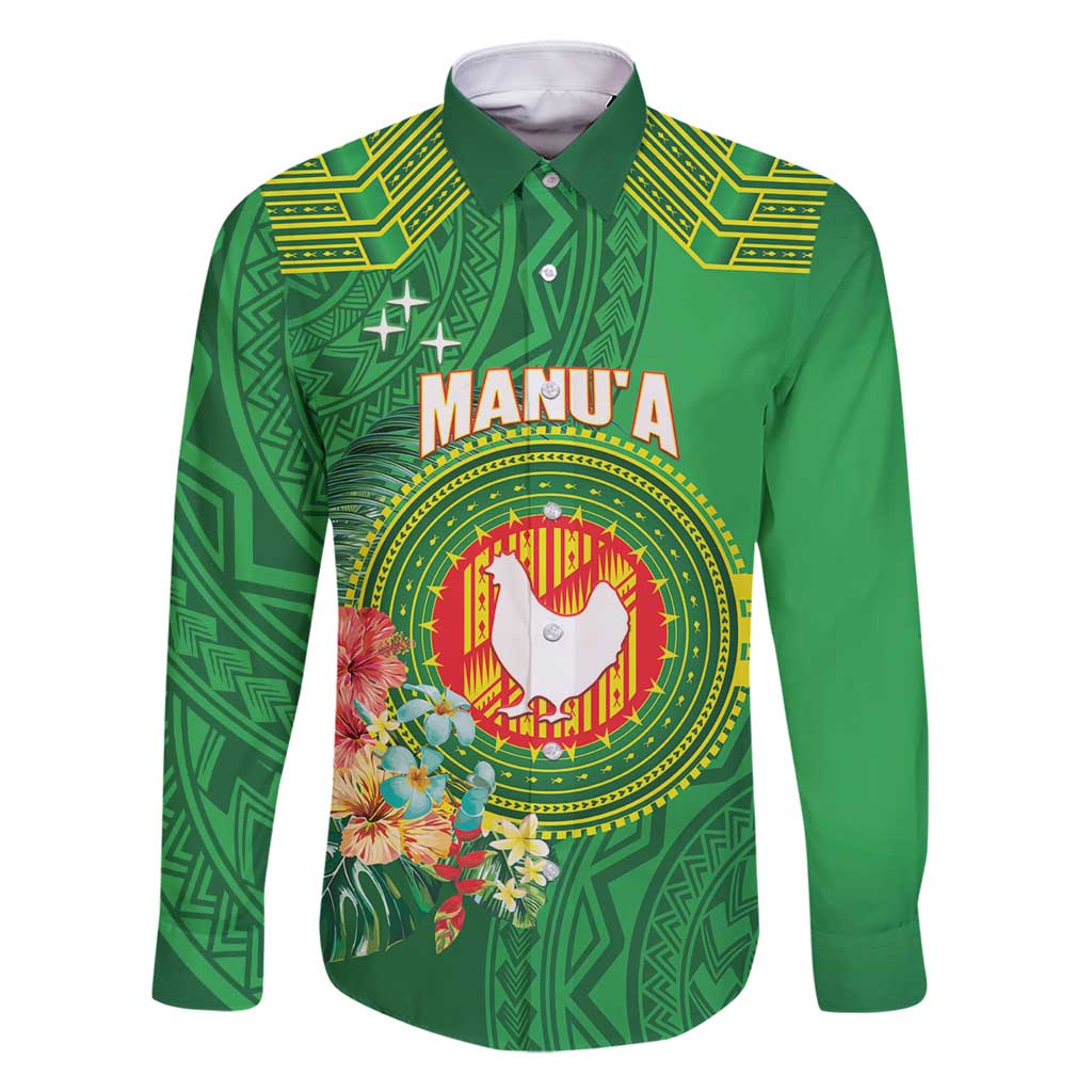 Personalized Manu'a Cession Day Family Matching Mermaid Dress and Hawaiian Shirt Tropical Flowers With Polynesian Pattern LT14 Dad's Shirt - Long Sleeve Green - Polynesian Pride