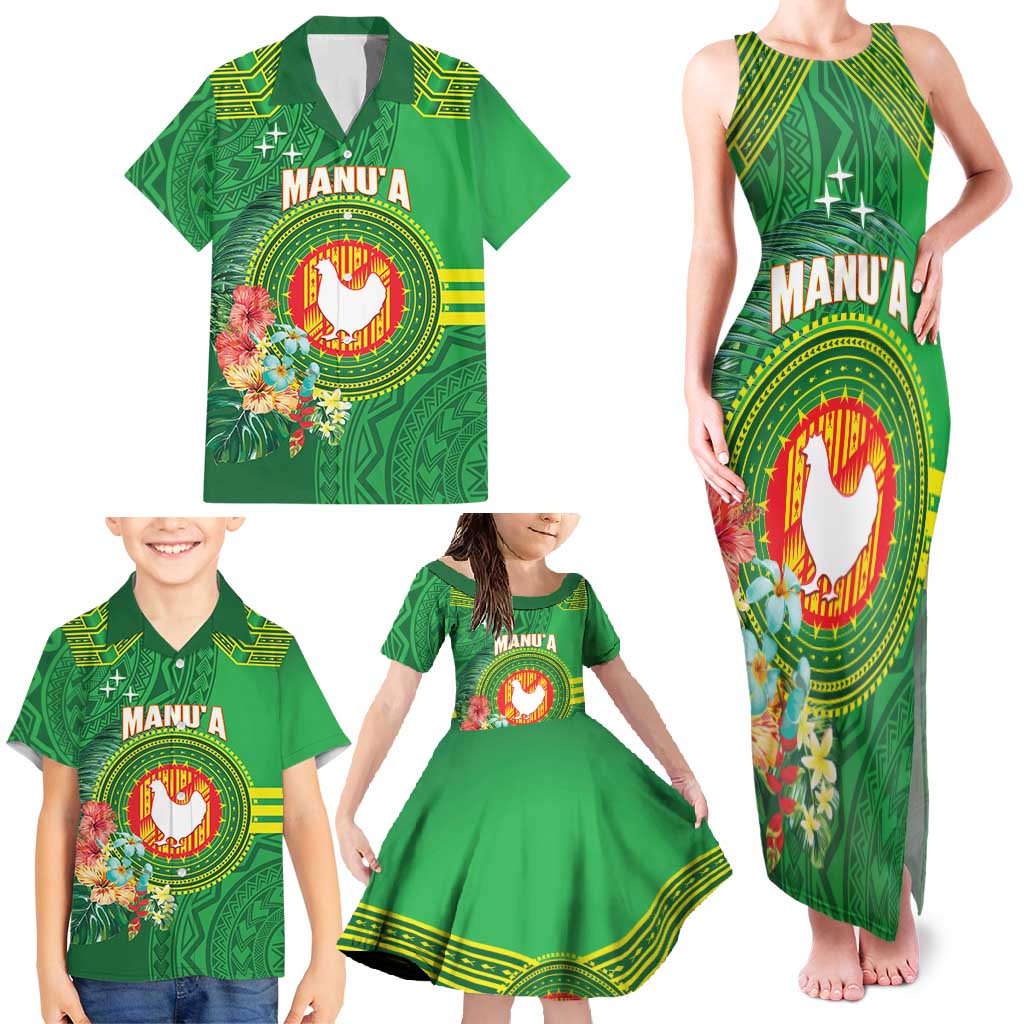 Personalized Manu'a Cession Day Family Matching Tank Maxi Dress and Hawaiian Shirt Tropical Flowers With Polynesian Pattern