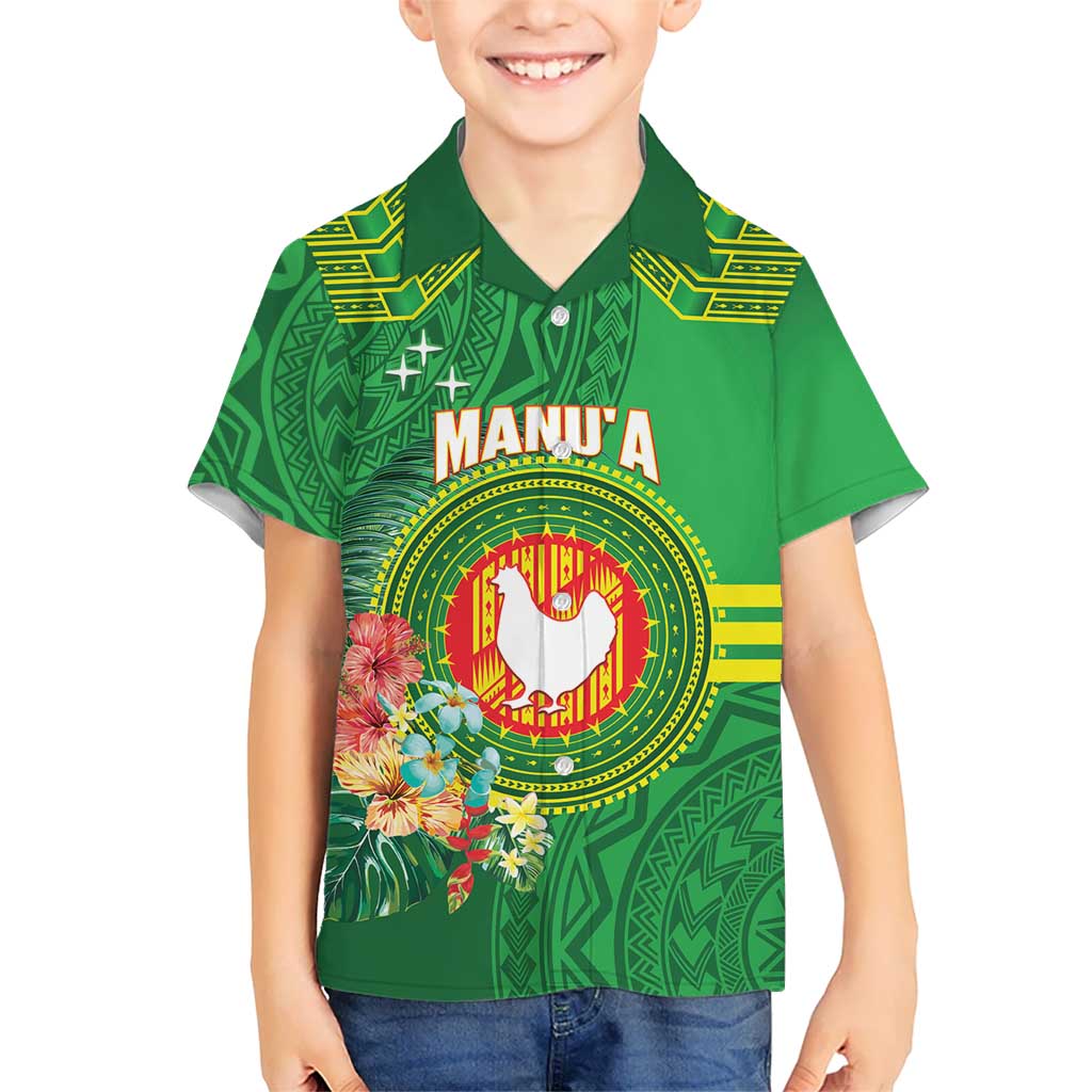 Personalized Manu'a Cession Day Kid Hawaiian Shirt Tropical Flowers With Polynesian Pattern