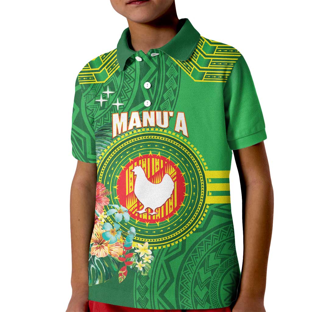 Personalized Manu'a Cession Day Kid Polo Shirt Tropical Flowers With Polynesian Pattern LT14 Kid Green - Polynesian Pride
