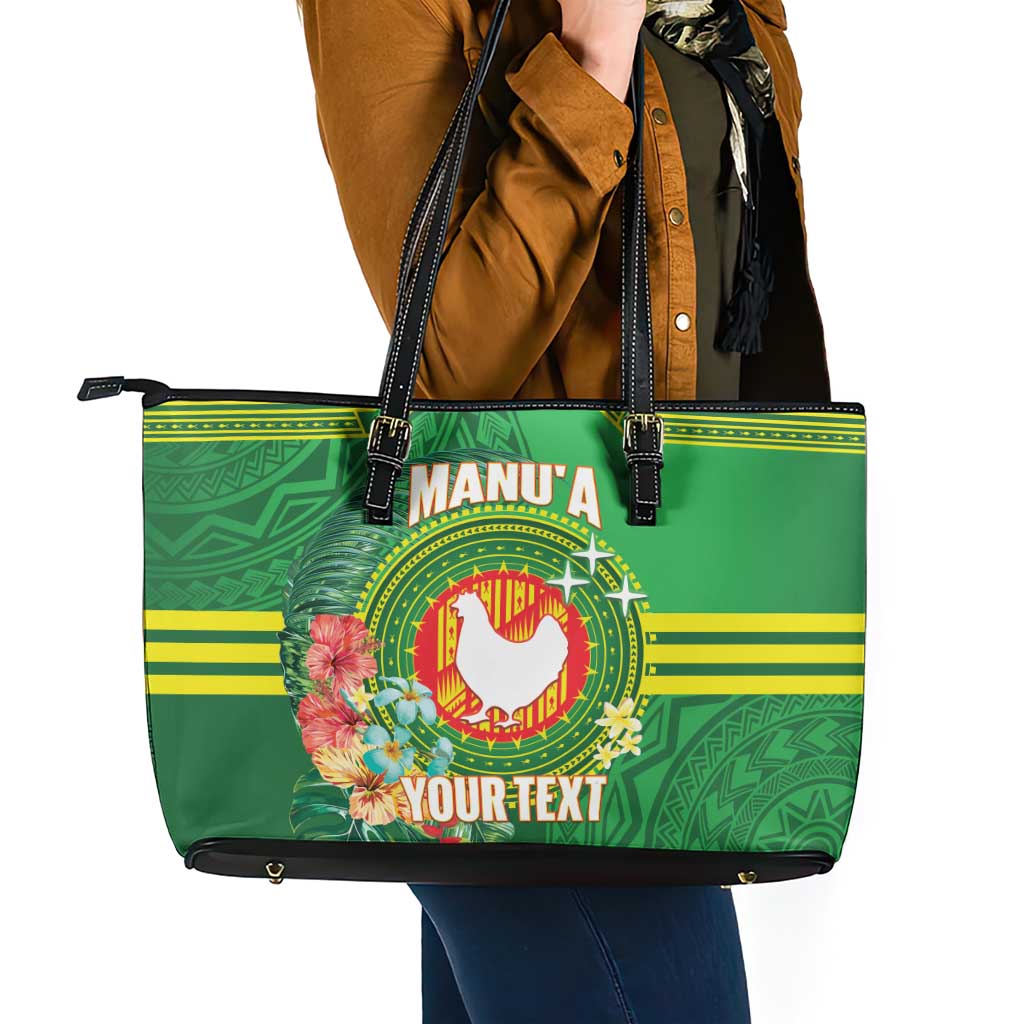 Personalized Manu'a Cession Day Leather Tote Bag Tropical Flowers With Polynesian Pattern LT14 - Polynesian Pride