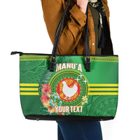 Personalized Manu'a Cession Day Leather Tote Bag Tropical Flowers With Polynesian Pattern LT14 - Polynesian Pride