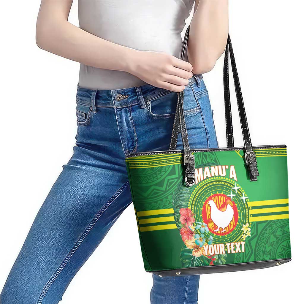 Personalized Manu'a Cession Day Leather Tote Bag Tropical Flowers With Polynesian Pattern LT14 - Polynesian Pride