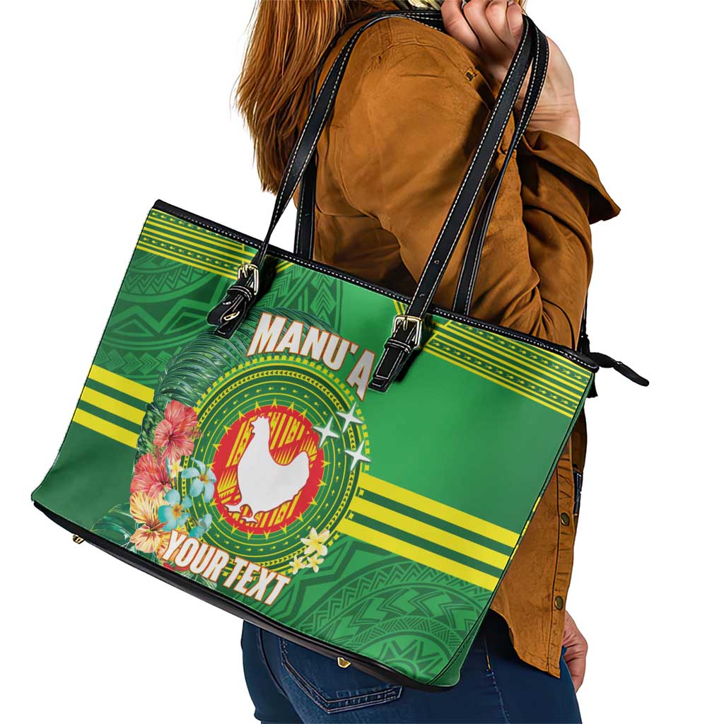 Personalized Manu'a Cession Day Leather Tote Bag Tropical Flowers With Polynesian Pattern LT14 - Polynesian Pride