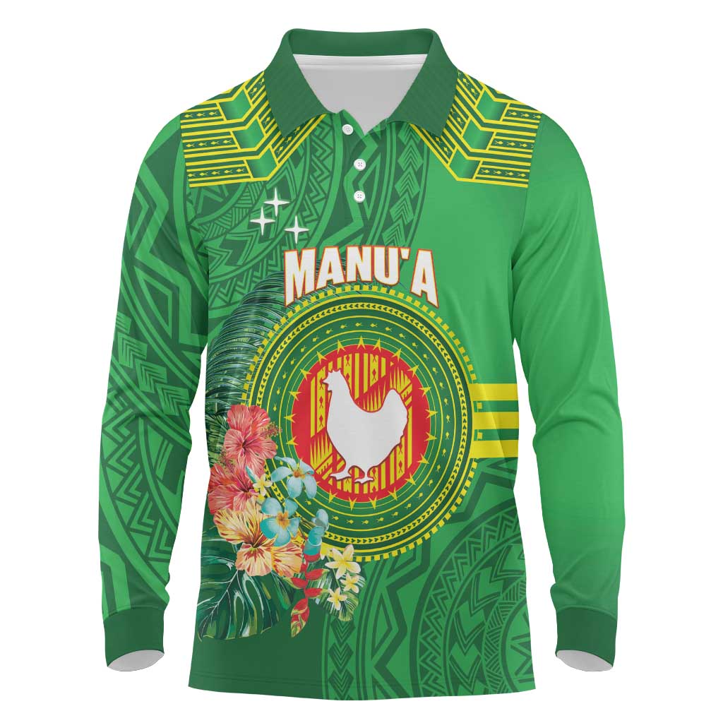 Personalized Manu'a Cession Day Long Sleeve Polo Shirt Tropical Flowers With Polynesian Pattern LT14 Green - Polynesian Pride