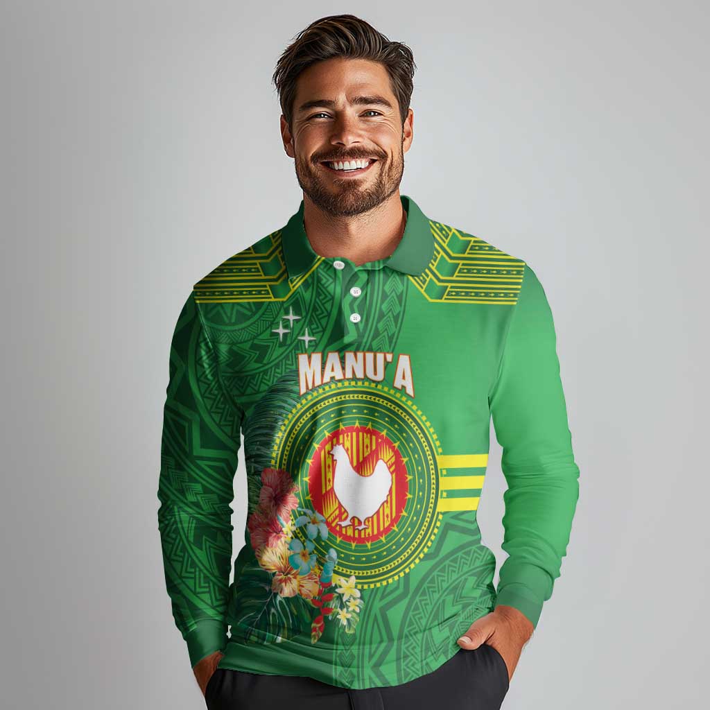 Personalized Manu'a Cession Day Long Sleeve Polo Shirt Tropical Flowers With Polynesian Pattern