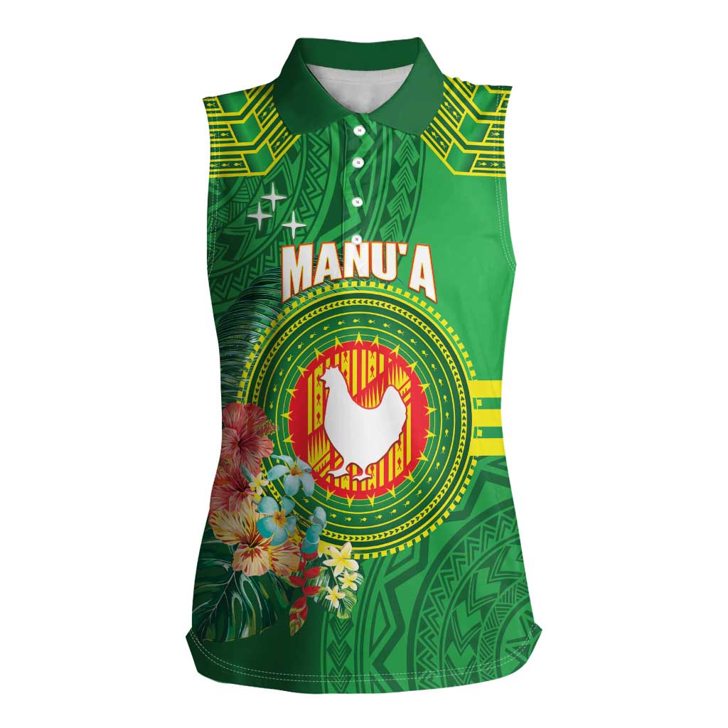 Personalized Manu'a Cession Day Women Sleeveless Polo Shirt Tropical Flowers With Polynesian Pattern LT14 Female Green - Polynesian Pride
