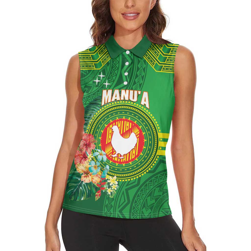 Personalized Manu'a Cession Day Women Sleeveless Polo Shirt Tropical Flowers With Polynesian Pattern