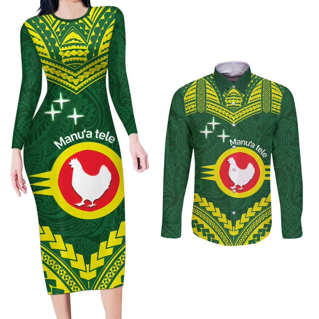 Manu'a Flag Day Couples Matching Long Sleeve Bodycon Dress and Long Sleeve Button Shirt Polynesian Pattern National Color Proud