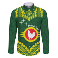 Manu'a Flag Day Family Matching Long Sleeve Bodycon Dress and Hawaiian Shirt Polynesian Pattern National Color Proud LT14 Dad's Shirt - Long Sleeve Green - Polynesian Pride