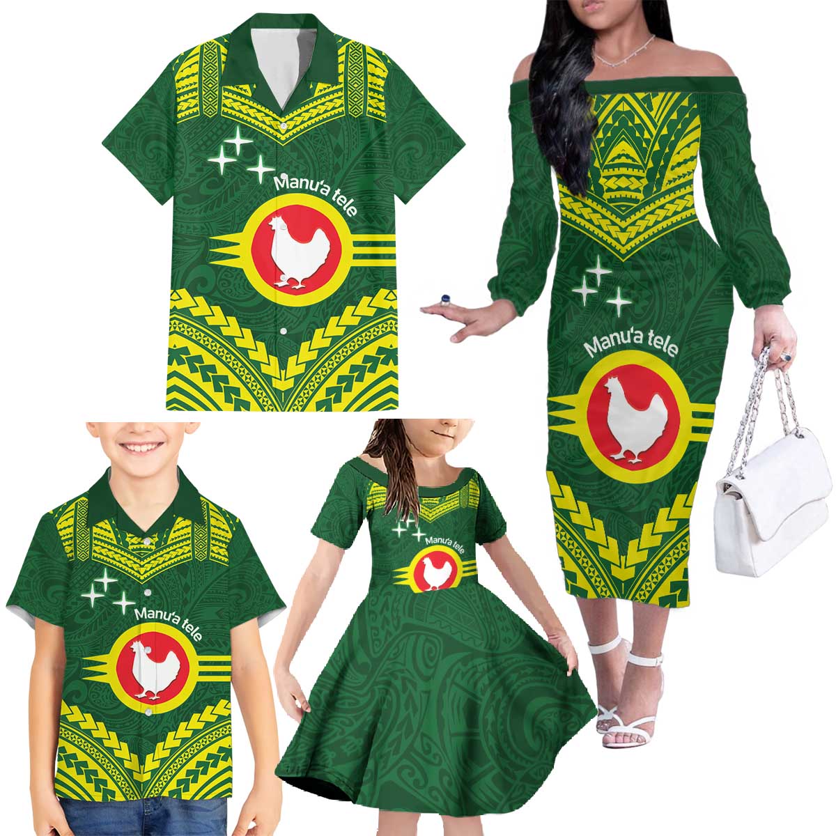 Manu'a Flag Day Family Matching Off The Shoulder Long Sleeve Dress and Hawaiian Shirt Polynesian Pattern National Color Proud