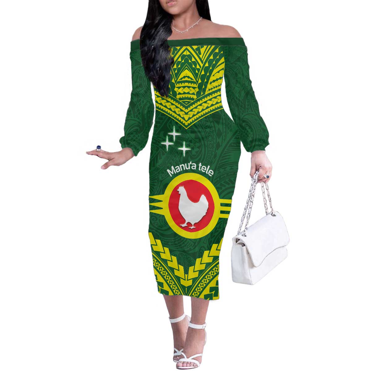 Manu'a Flag Day Family Matching Off The Shoulder Long Sleeve Dress and Hawaiian Shirt Polynesian Pattern National Color Proud