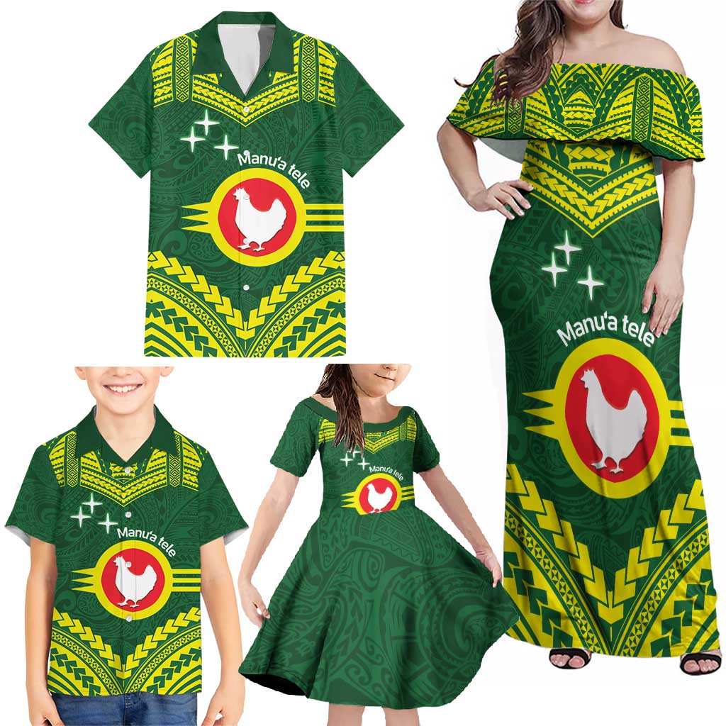 Manu'a Flag Day Family Matching Off Shoulder Maxi Dress and Hawaiian Shirt Polynesian Pattern National Color Proud