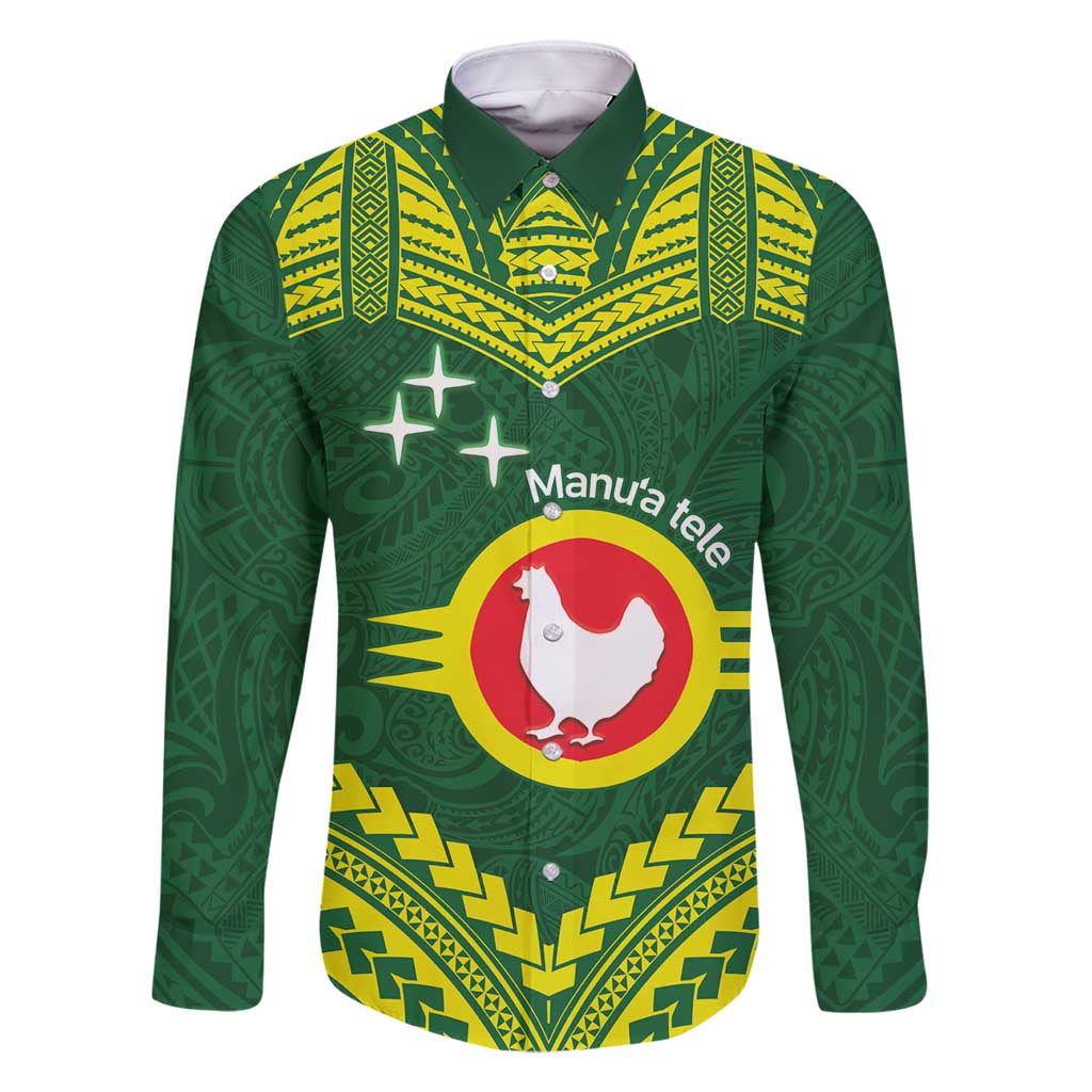 Manu'a Flag Day Family Matching Off Shoulder Short Dress and Hawaiian Shirt Polynesian Pattern National Color Proud LT14 Dad's Shirt - Long Sleeve Green - Polynesian Pride