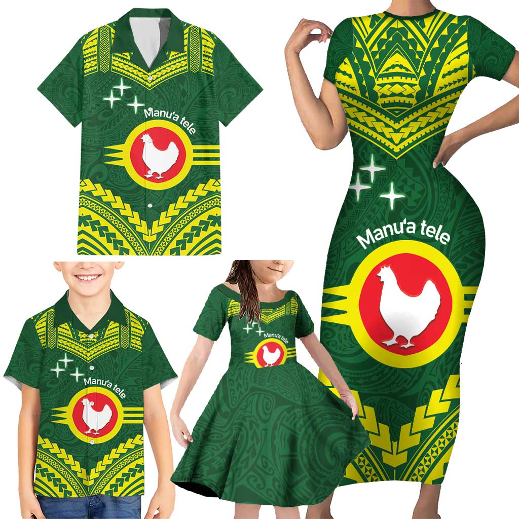 Manu'a Flag Day Family Matching Short Sleeve Bodycon Dress and Hawaiian Shirt Polynesian Pattern National Color Proud