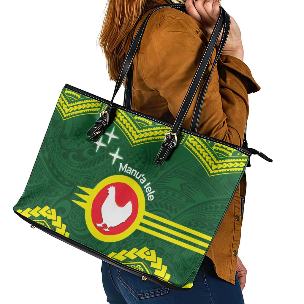 Manu'a Flag Day Leather Tote Bag Polynesian Pattern National Color Proud