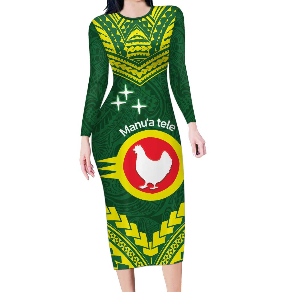 Manu'a Flag Day Long Sleeve Bodycon Dress Polynesian Pattern National Color Proud