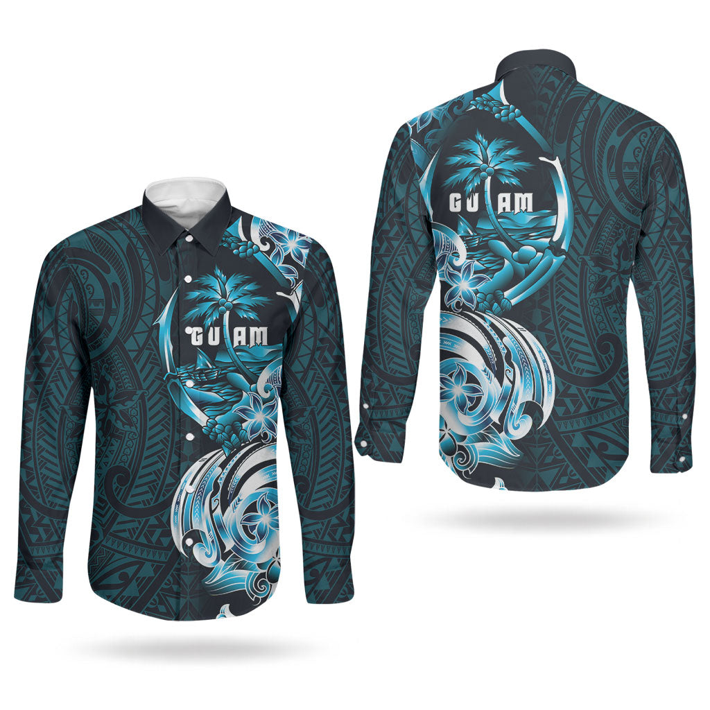 Asut Guam Chamorro Couples Matching Off The Shoulder Long Sleeve Dress and Long Sleeve Button Shirt Guahan Seal Tattoo LT14 - Polynesian Pride