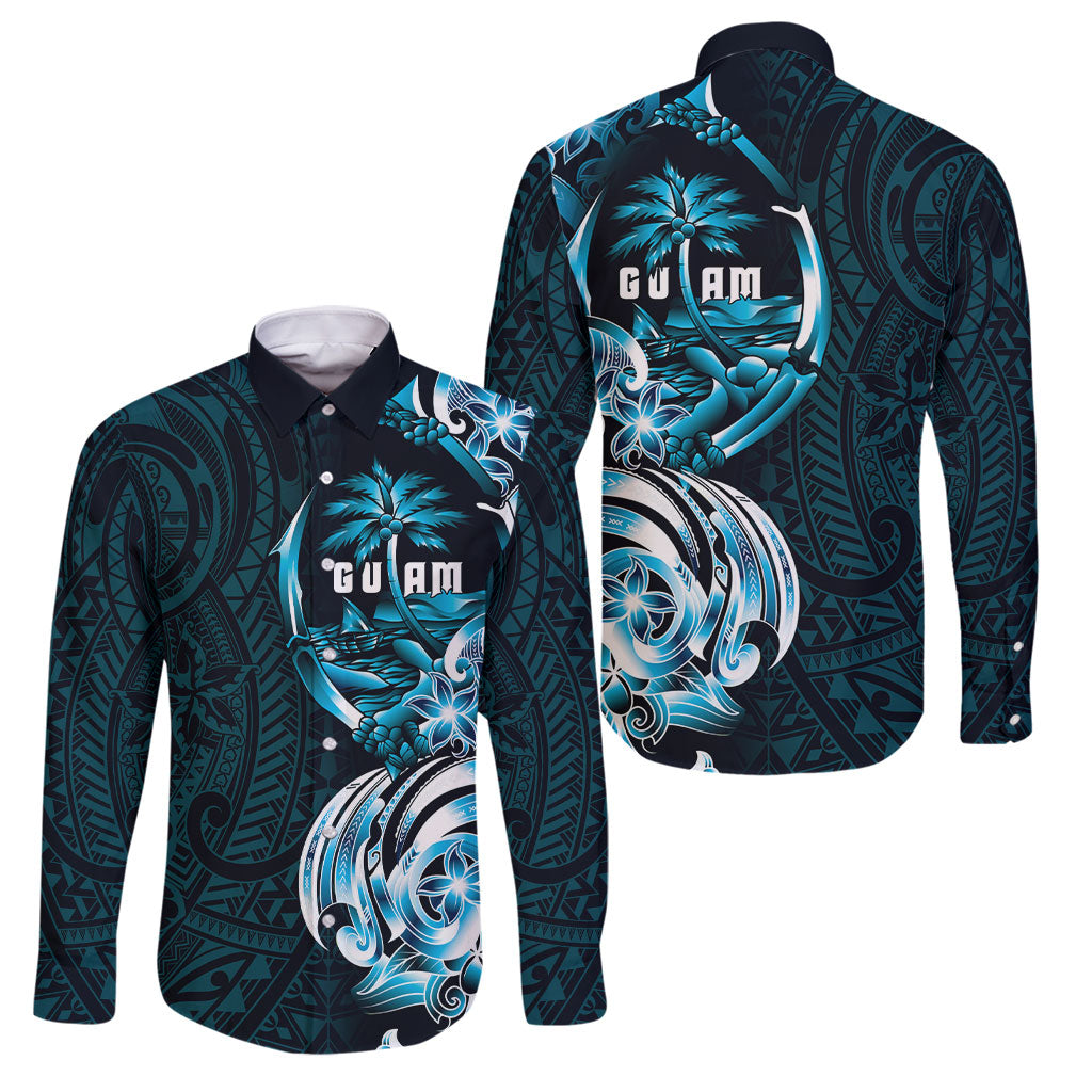 Asut Guam Chamorro Family Matching Mermaid Dress and Hawaiian Shirt Guahan Seal Tattoo LT14 Dad's Shirt - Long Sleeve Blue - Polynesian Pride
