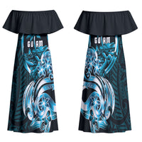 Asut Guam Chamorro Family Matching Off Shoulder Maxi Dress and Hawaiian Shirt Guahan Seal Tattoo LT14 Mom's Dress Blue - Polynesian Pride