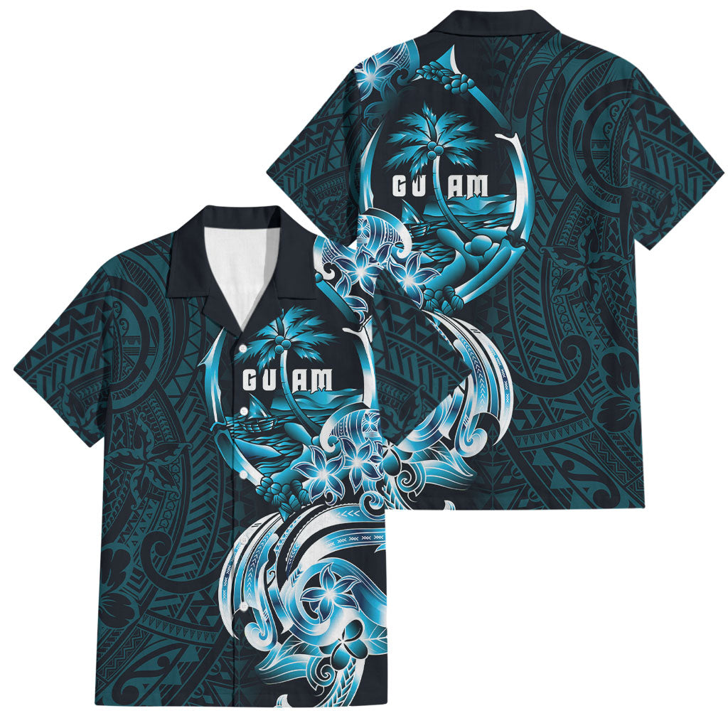 Asut Guam Chamorro Family Matching Off Shoulder Maxi Dress and Hawaiian Shirt Guahan Seal Tattoo LT14 Dad's Shirt - Short Sleeve Blue - Polynesian Pride