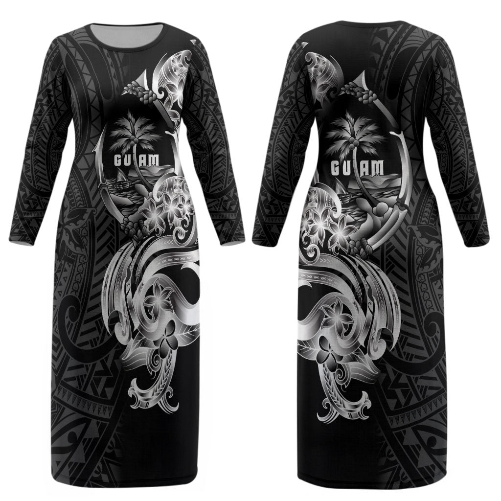 Attelong Guam Chamorro Couples Matching Long Sleeve Bodycon Dress and Hawaiian Shirt Guahan Seal Tattoo LT14 - Polynesian Pride