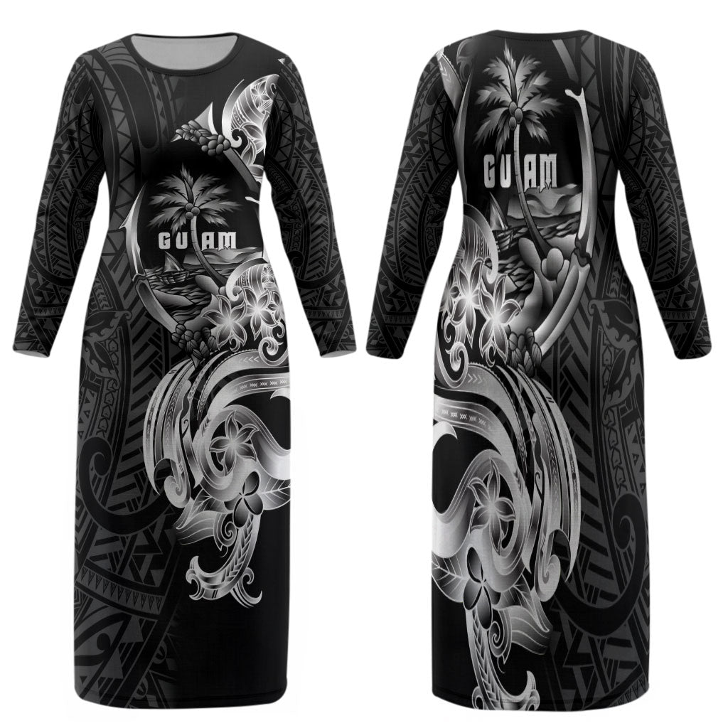 Attelong Guam Chamorro Family Matching Long Sleeve Bodycon Dress and Hawaiian Shirt Guahan Seal Tattoo LT14 Mom's Dress Black - Polynesian Pride