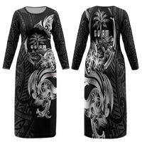 Attelong Guam Chamorro Family Matching Long Sleeve Bodycon Dress and Hawaiian Shirt Guahan Seal Tattoo LT14 Mom's Dress Black - Polynesian Pride