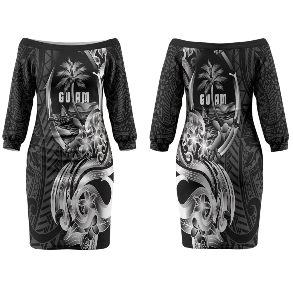 Attelong Guam Chamorro Family Matching Off The Shoulder Long Sleeve Dress and Hawaiian Shirt Guahan Seal Tattoo LT14 Mom's Dress Black - Polynesian Pride