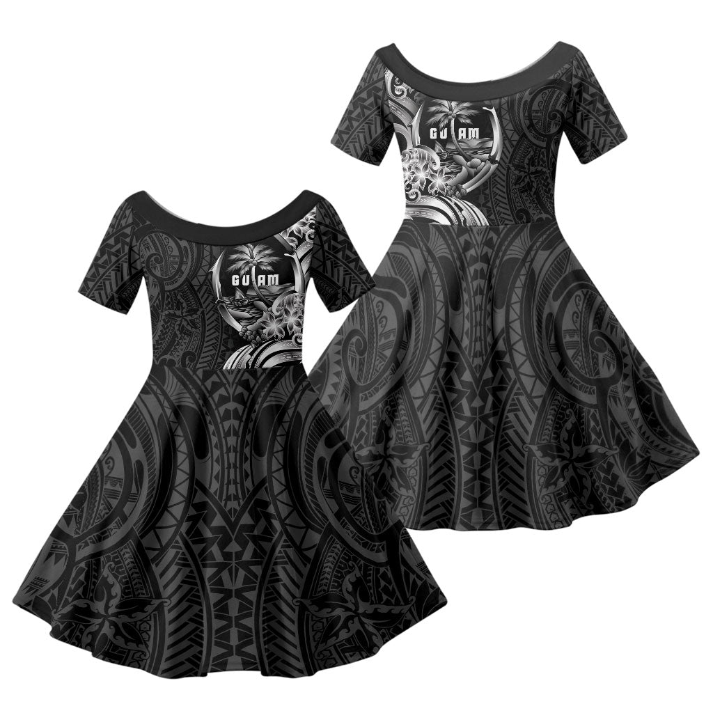 Attelong Guam Chamorro Family Matching Puletasi and Hawaiian Shirt Guahan Seal Tattoo LT14 Daughter's Dress Black - Polynesian Pride