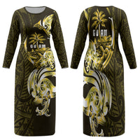 Amariyu Guam Chamorro Family Matching Long Sleeve Bodycon Dress and Hawaiian Shirt Guahan Seal Tattoo LT14 Mom's Dress Yellow - Polynesian Pride