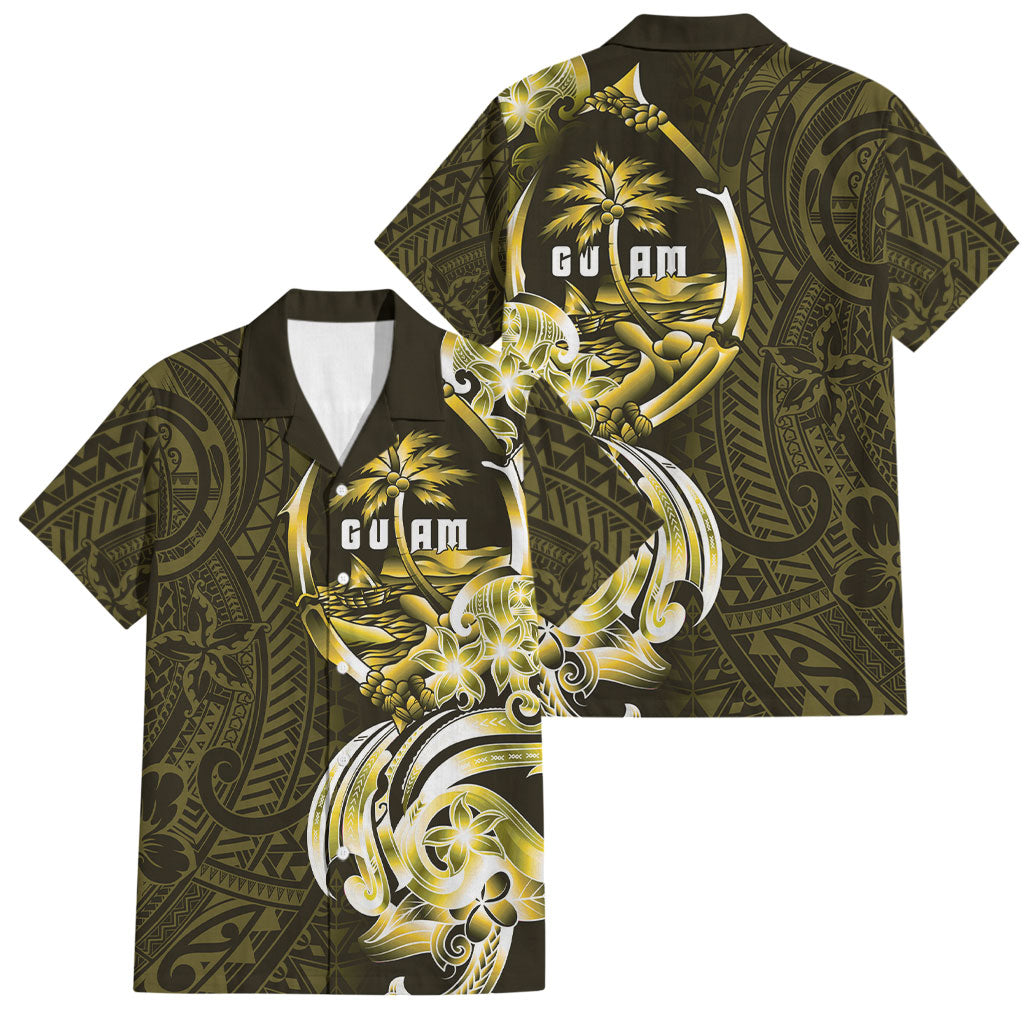 Amariyu Guam Chamorro Family Matching Off Shoulder Short Dress and Hawaiian Shirt Guahan Seal Tattoo LT14 Dad's Shirt - Short Sleeve Yellow - Polynesian Pride
