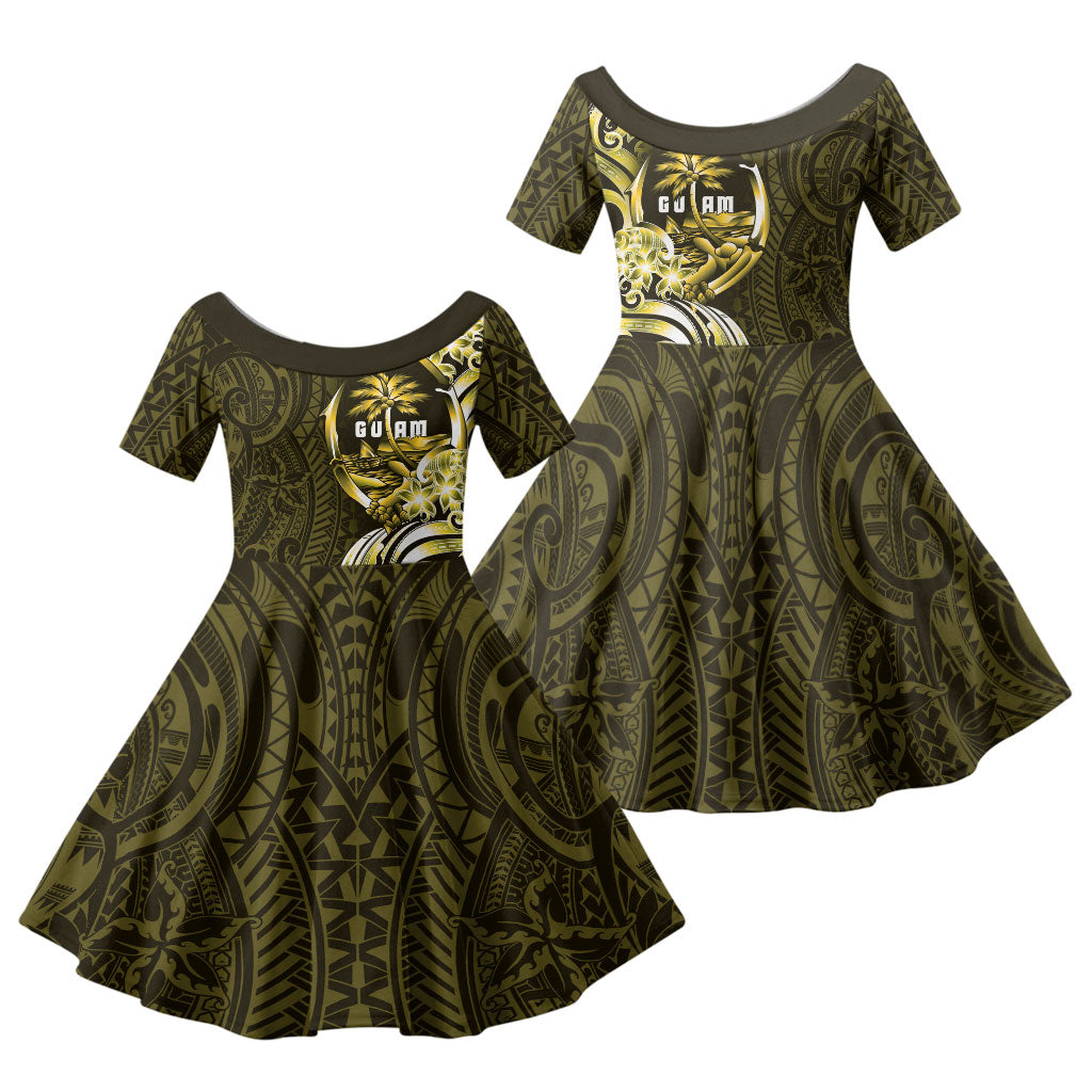 Amariyu Guam Chamorro Family Matching Off Shoulder Short Dress and Hawaiian Shirt Guahan Seal Tattoo LT14 Daughter's Dress Yellow - Polynesian Pride