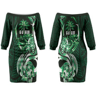 Betde Guam Chamorro Family Matching Off The Shoulder Long Sleeve Dress and Hawaiian Shirt Guahan Seal Tattoo LT14 Mom's Dress Green - Polynesian Pride