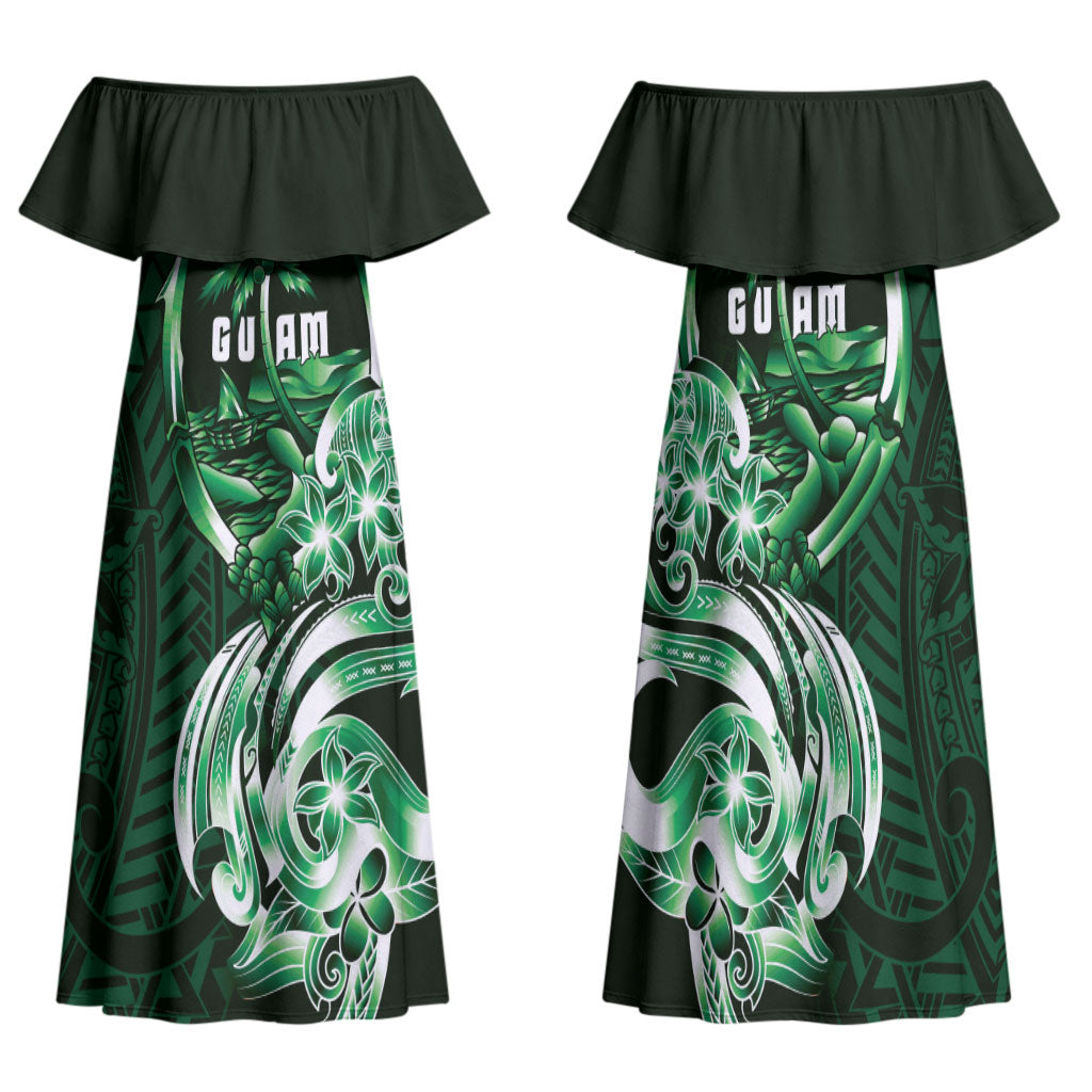 Betde Guam Chamorro Family Matching Off Shoulder Maxi Dress and Hawaiian Shirt Guahan Seal Tattoo LT14 Mom's Dress Green - Polynesian Pride
