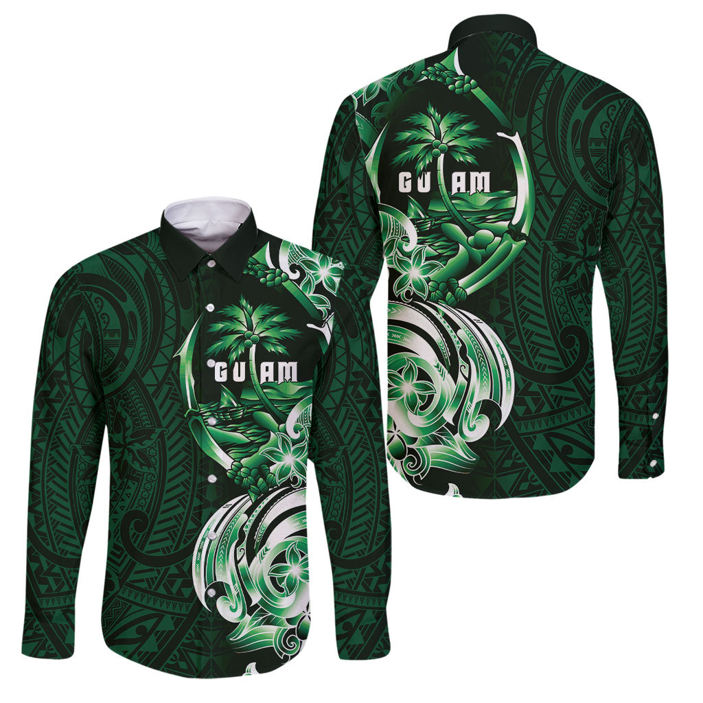 Betde Guam Chamorro Family Matching Off Shoulder Short Dress and Hawaiian Shirt Guahan Seal Tattoo LT14 Dad's Shirt - Long Sleeve Green - Polynesian Pride