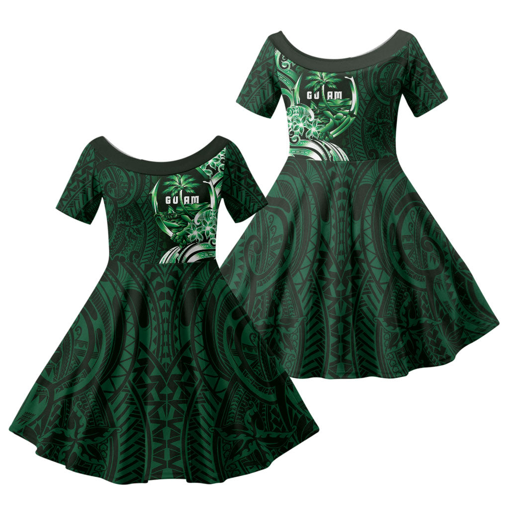 Betde Guam Chamorro Family Matching Off Shoulder Short Dress and Hawaiian Shirt Guahan Seal Tattoo LT14 Daughter's Dress Green - Polynesian Pride