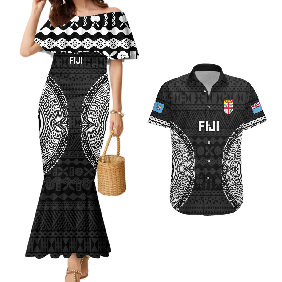 Fiji Rugby Couples Matching Mermaid Dress and Hawaiian Shirt 2023 Fijian Tapa Pattern World Cup Black LT14 Black - Polynesian Pride