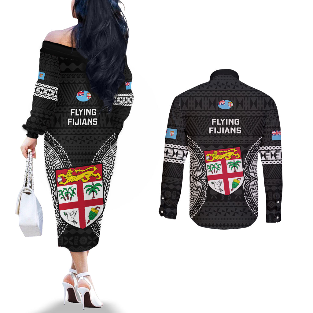 Fiji Rugby Couples Matching Off The Shoulder Long Sleeve Dress and Long Sleeve Button Shirts 2023 Fijian Tapa Pattern World Cup Black LT14 - Polynesian Pride