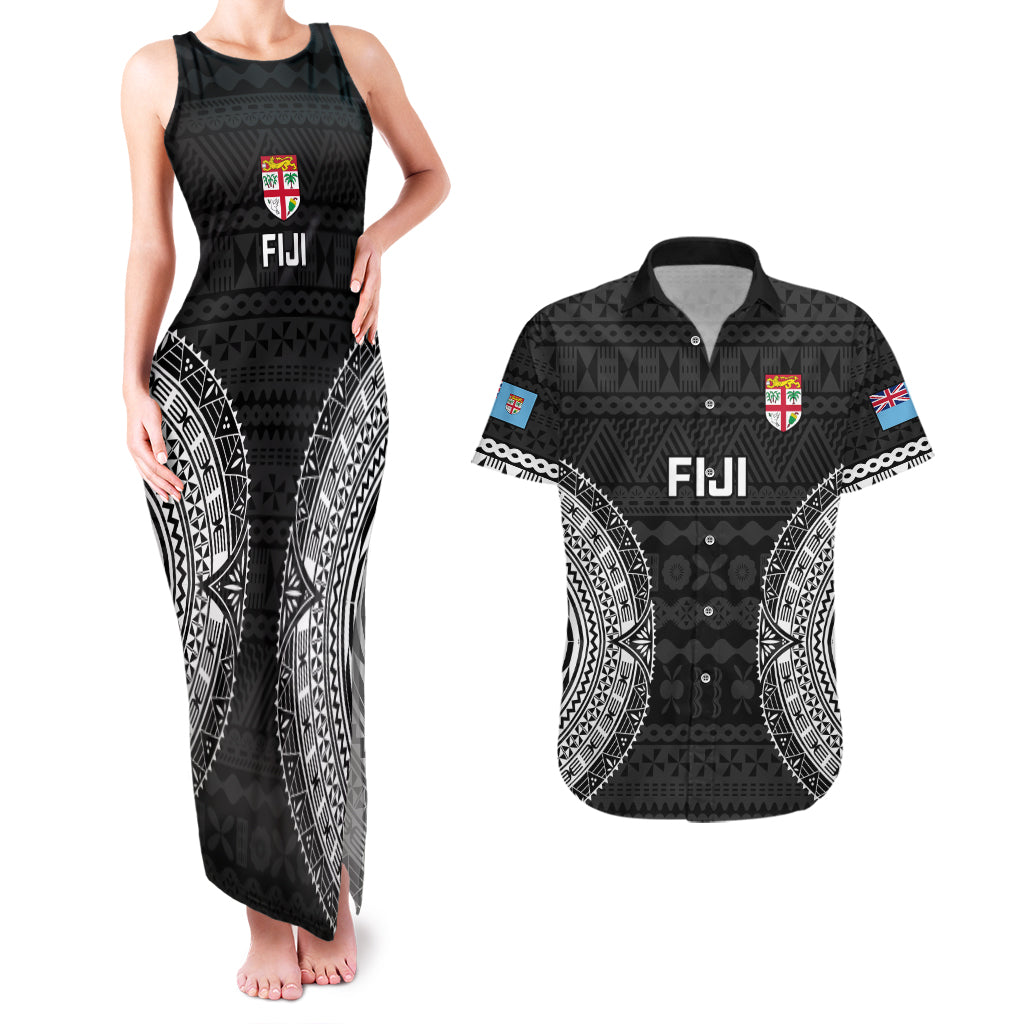 Fiji Rugby Couples Matching Tank Maxi Dress and Hawaiian Shirt 2023 Fijian Tapa Pattern World Cup Black LT14 Black - Polynesian Pride